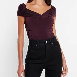 Express Body Contour Compression Silky Off the Shoulder Ruched Thong Bodysuit